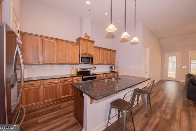kitchen with brown cabinetry, dark wood-style flooring, stainless steel appliances, and a sink