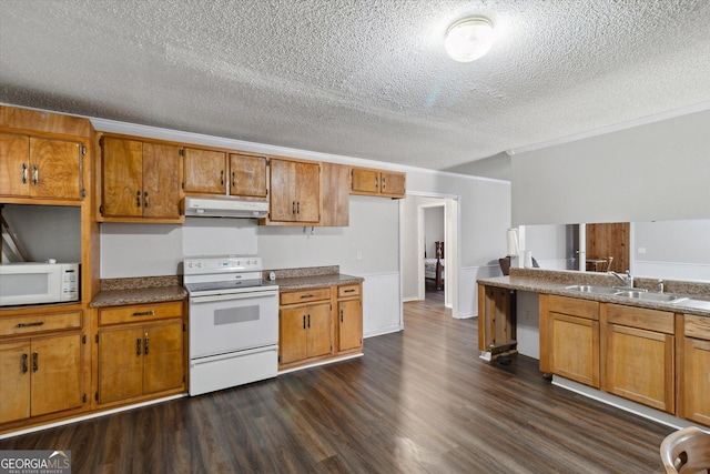 97 Meadow Rd, Swainsboro, GA 30401 - kitchen with a sink, under cabinet range hood, brown cabinets, white appliances, and dark wood-style flooring