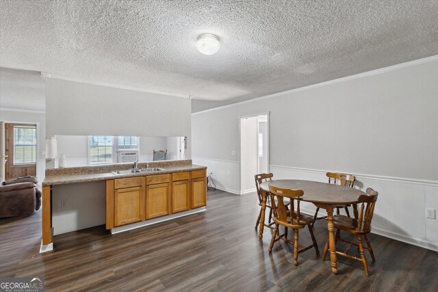 97 Meadow Rd, Swainsboro, GA 30401 - dining area featuring a wainscoted wall, a textured ceiling, dark wood finished floors, and ornamental molding
