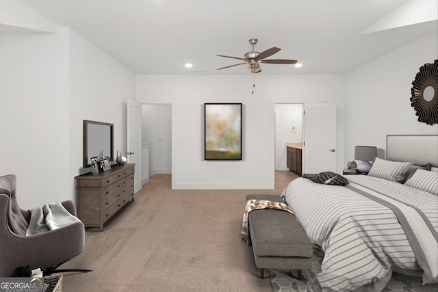 2219 Nena Way Unit 22, Tucker, GA 30084 - bedroom with connected bathroom, baseboards, ceiling fan, light colored carpet, and recessed lighting