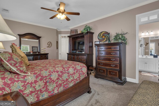 carpeted bedroom with crown molding, multiple windows, and ceiling fan