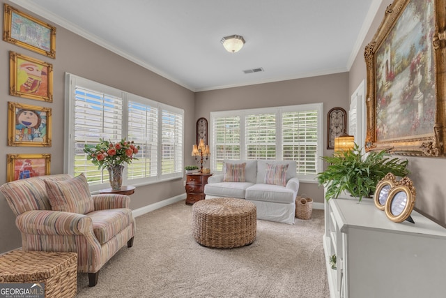 living area featuring baseboards, crown molding, and light carpet