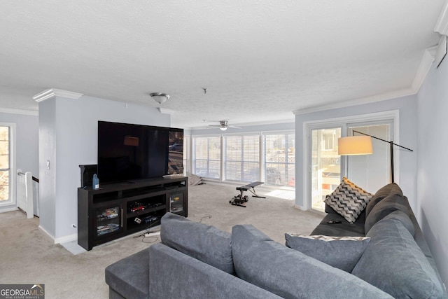 living area with a textured ceiling, crown molding, baseboards, and light carpet