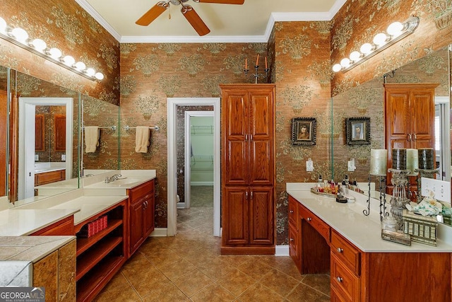 36 Blackthorn Ln, Colbert, GA 30628 - bathroom featuring ceiling fan, crown molding, wallpapered walls, tile patterned floors, and a spacious closet