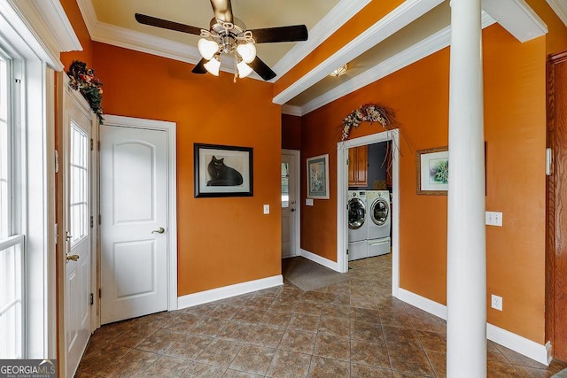36 Blackthorn Ln, Colbert, GA 30628 - entrance foyer with decorative columns, crown molding, washing machine and dryer, a ceiling fan, and baseboards