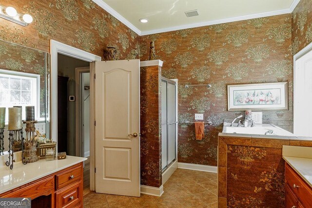 36 Blackthorn Ln, Colbert, GA 30628 - bathroom featuring wallpapered walls, a shower stall, tile patterned floors, ornamental molding, and vanity