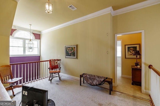 36 Blackthorn Ln, Colbert, GA 30628 - living area featuring carpet floors, ornamental molding, baseboards, and an upstairs landing