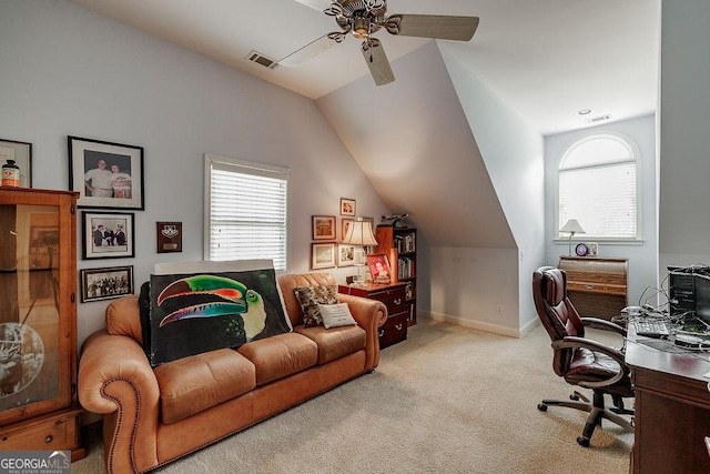 36 Blackthorn Ln, Colbert, GA 30628 - office area featuring carpet floors, vaulted ceiling, ceiling fan, and baseboards