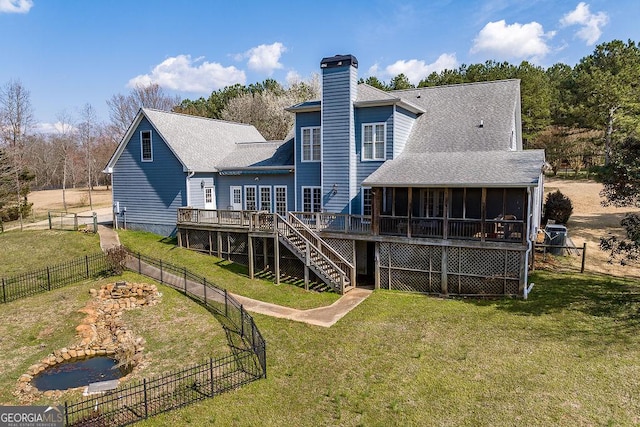 36 Blackthorn Ln, Colbert, GA 30628 - rear view of property with a deck, a sunroom, stairs, a shingled roof, and a chimney
