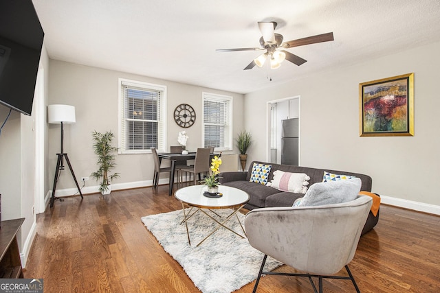 300 W Peachtree St Unit 21K, Atlanta, GA 30305 - living room with a ceiling fan and wood finished floors