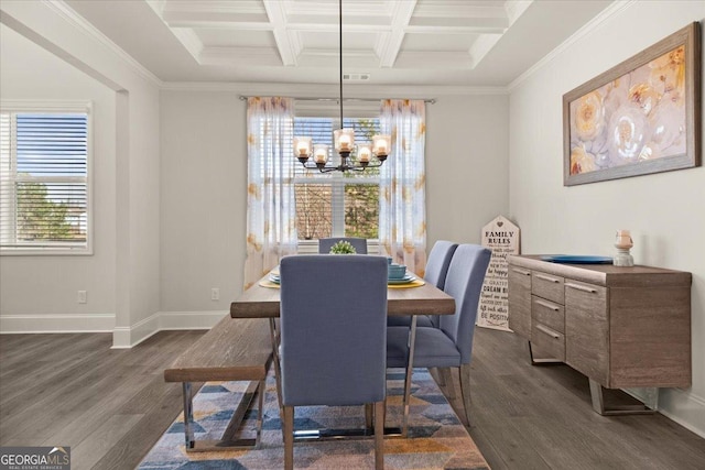 372 Garnet Dr, Acworth, GA 30101 - dining room featuring a chandelier, dark wood-style floors, coffered ceiling, beamed ceiling, and crown molding
