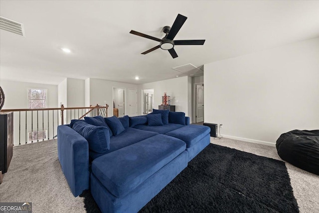 372 Garnet Dr, Acworth, GA 30101 - living room featuring attic access, carpet flooring, a ceiling fan, recessed lighting, and baseboards