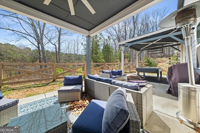 372 Garnet Dr, Acworth, GA 30101 - view of patio with an outdoor hangout area, fence, ceiling fan, and grilling area
