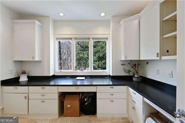 510 Covington Cv, Alpharetta, GA 30022 - kitchen with white cabinets, dark countertops, and recessed lighting