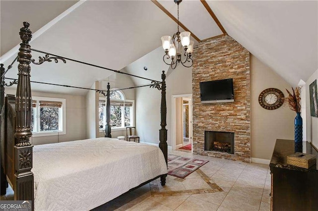 tiled bedroom with high vaulted ceiling, baseboards, a fireplace, and a notable chandelier