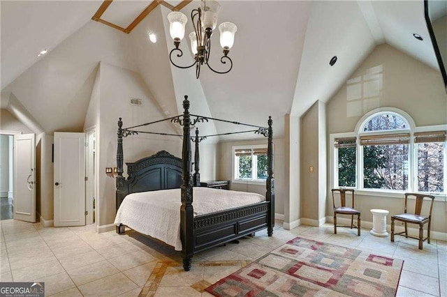 bedroom with high vaulted ceiling, baseboards, light tile patterned flooring, and a chandelier