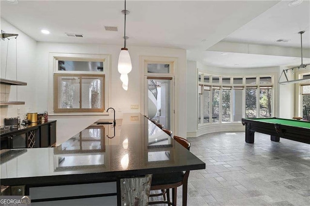 510 Covington Cv, Alpharetta, GA 30022 - kitchen featuring stone tile floors, billiards, hanging light fixtures, and recessed lighting