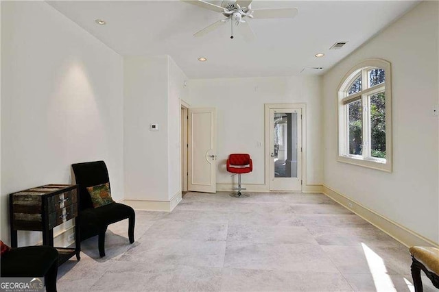 sitting room with baseboards, a ceiling fan, recessed lighting, and visible vents