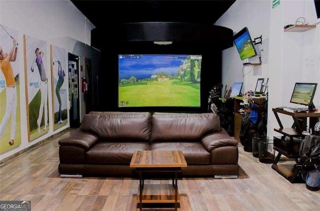 home theater room with wood finished floors
