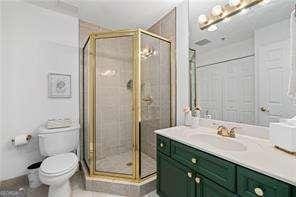 bathroom with a shower stall, toilet, and vanity