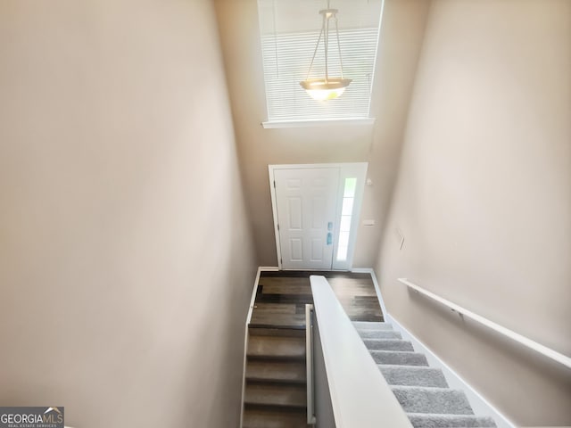 10 Jasmine Ln SW, Euharlee, GA 30120 - stairs featuring baseboards, wood finished floors, and a high ceiling