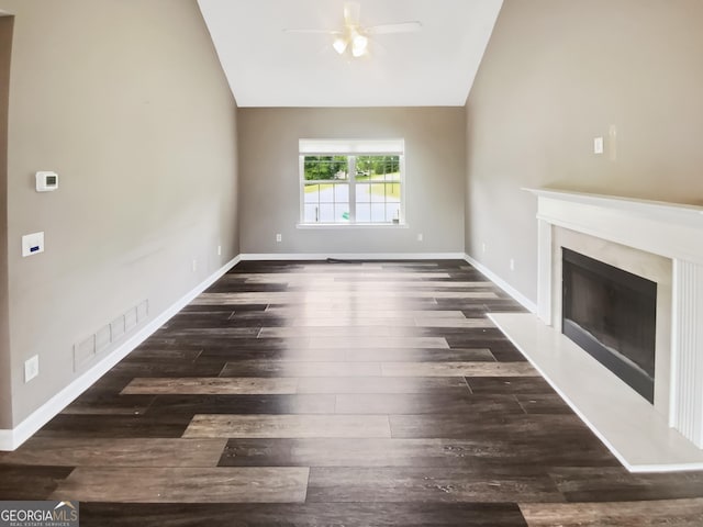 10 Jasmine Ln SW, Euharlee, GA 30120 - unfurnished living room with lofted ceiling, a ceiling fan, a premium fireplace, wood finished floors, and baseboards