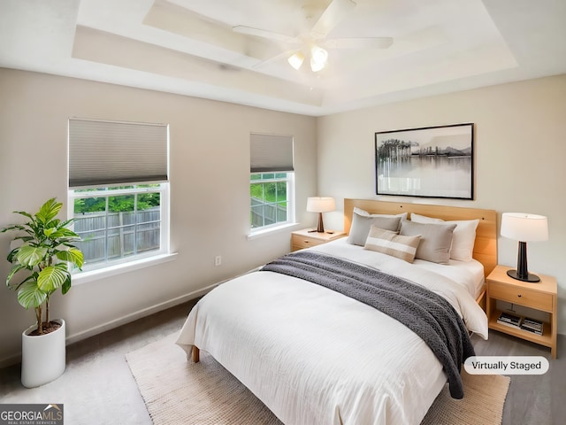 10 Jasmine Ln SW, Euharlee, GA 30120 - bedroom featuring a raised ceiling, baseboards, carpet flooring, and ceiling fan