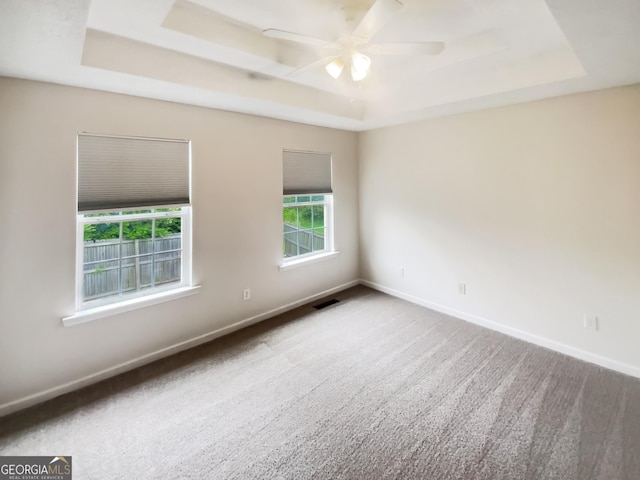 10 Jasmine Ln SW, Euharlee, GA 30120 - unfurnished room with a tray ceiling, baseboards, a ceiling fan, and carpet flooring