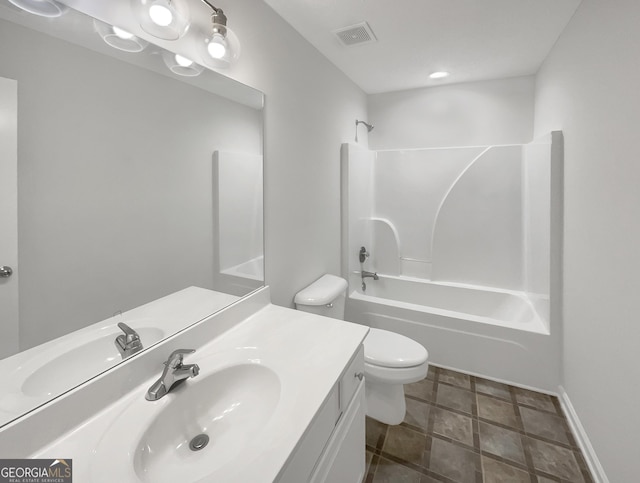 full bath with vanity, shower / tub combination, toilet, and visible vents