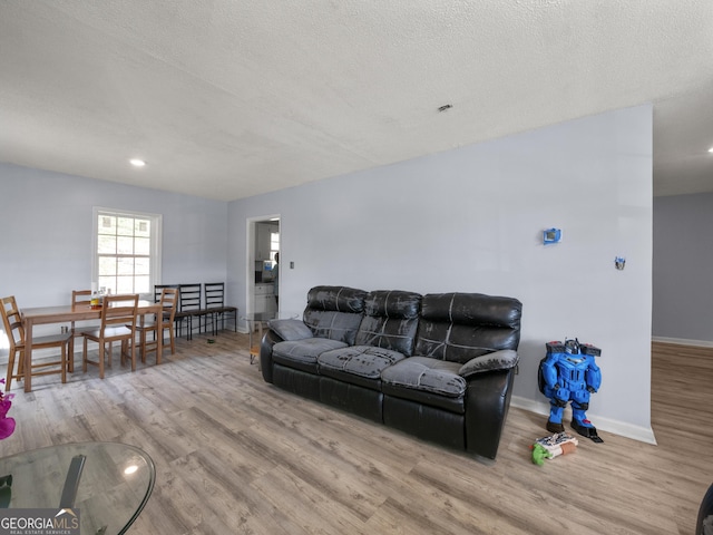 living room featuring a textured ceiling, baseboards, and wood finished floors