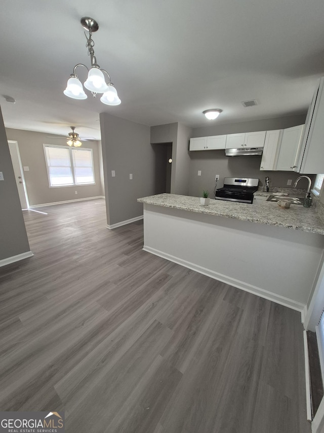 130 Royal Ct, Athens, GA 30601 - kitchen with gas stove, under cabinet range hood, white cabinets, a peninsula, and wood finished floors