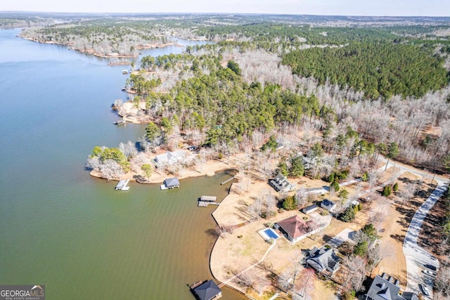 aerial view featuring a water view and a view of trees