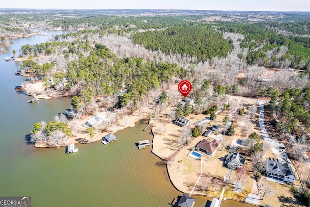 drone / aerial view featuring a water view and a wooded view