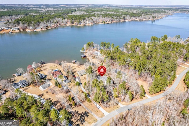 birds eye view of property with a water view and a view of trees