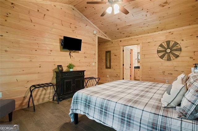 bedroom featuring ceiling fan, wood ceiling, wooden walls, wood finished floors, and lofted ceiling