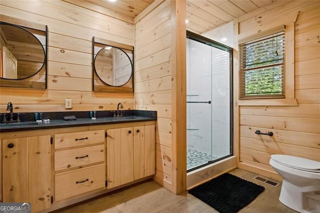full bathroom with a shower stall, visible vents, wood ceiling, a sink, and wooden walls