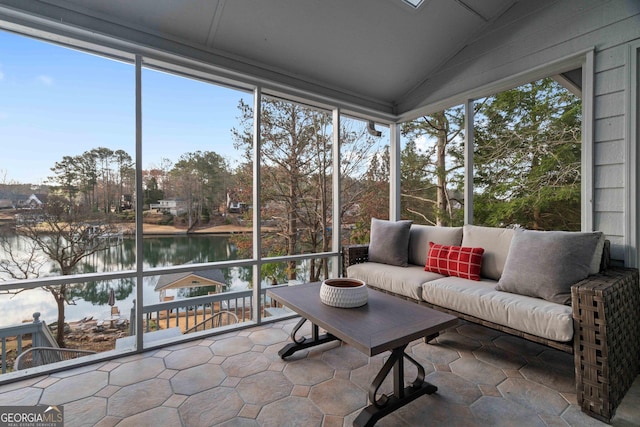 1190 Plantation Dr, Villa Rica, GA 30180 - sunroom with lofted ceiling, plenty of natural light, and a water view