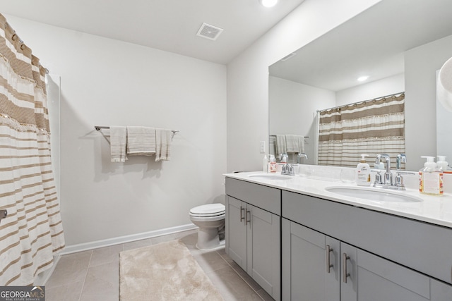 full bathroom with a sink, visible vents, toilet, and tile patterned flooring