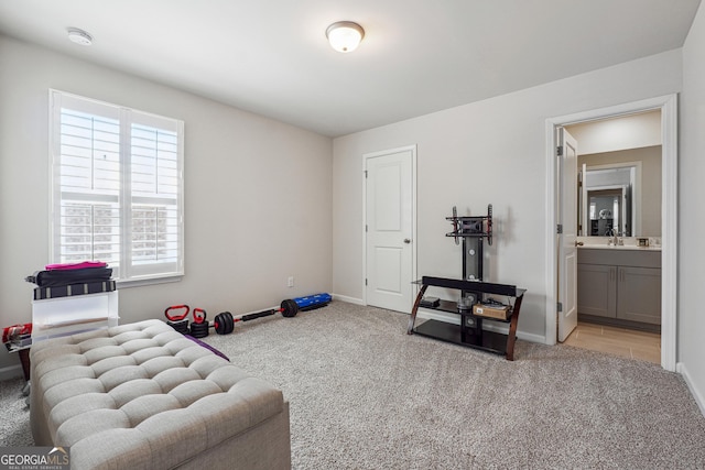 interior space with light carpet and baseboards