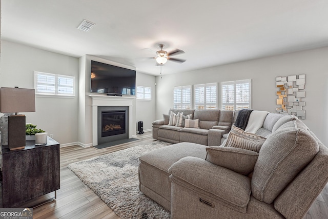 living area featuring light wood finished floors, plenty of natural light, a ceiling fan, and a fireplace with flush hearth
