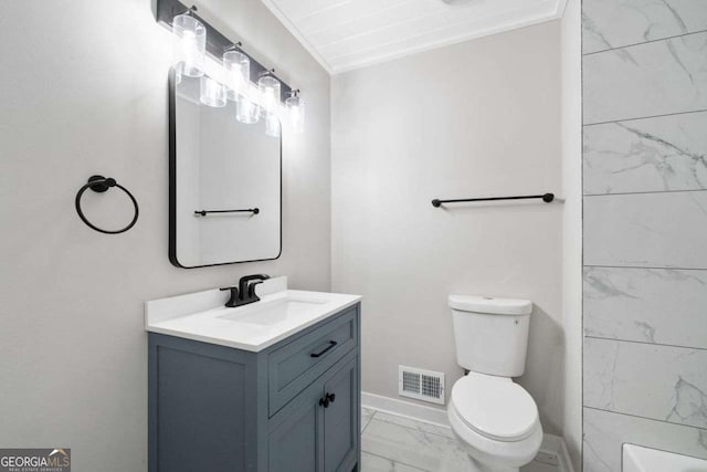 2014 Poplar Rdg, Lawrenceville, GA 30044 - bathroom with vanity, baseboards, toilet, visible vents, and marble finish floor