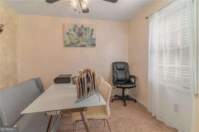 home office featuring carpet flooring, a ceiling fan, baseboards, and a textured ceiling