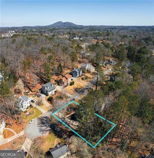 drone / aerial view with a wooded view and a mountain view