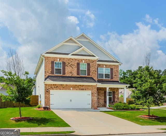 3391 Meadow Grass Dr, Dacula, GA 30019 - craftsman-style home with concrete driveway, an attached garage, a porch, and brick siding