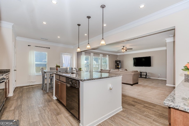 3391 Meadow Grass Dr, Dacula, GA 30019 - kitchen featuring dishwasher, healthy amount of natural light, stone countertops, crown molding, and a ceiling fan