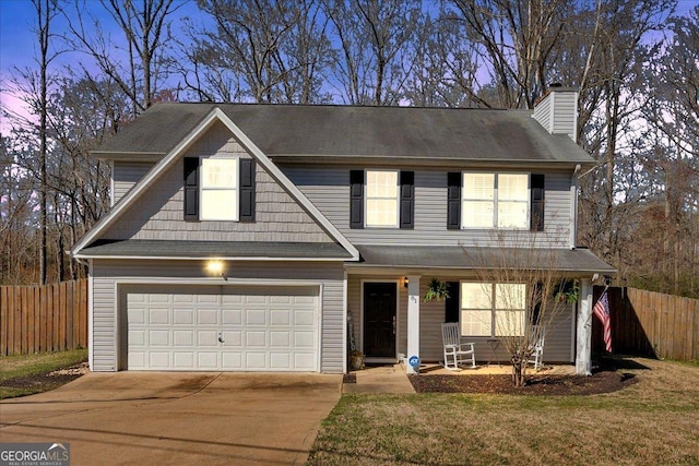81 Summer Creek Dr, Dallas, GA 30157 - traditional-style home with concrete driveway, fence, covered porch, and a chimney