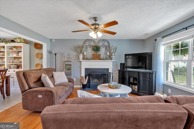81 Summer Creek Dr, Dallas, GA 30157 - living area with a fireplace, a textured ceiling, light wood-type flooring, and a ceiling fan