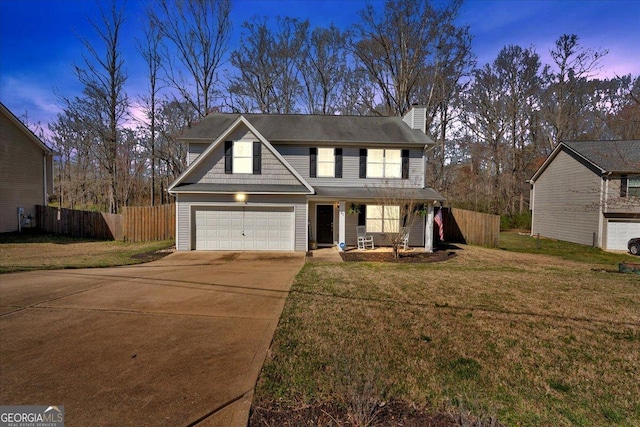 81 Summer Creek Dr, Dallas, GA 30157 - traditional home featuring a front yard, fence, driveway, covered porch, and a chimney