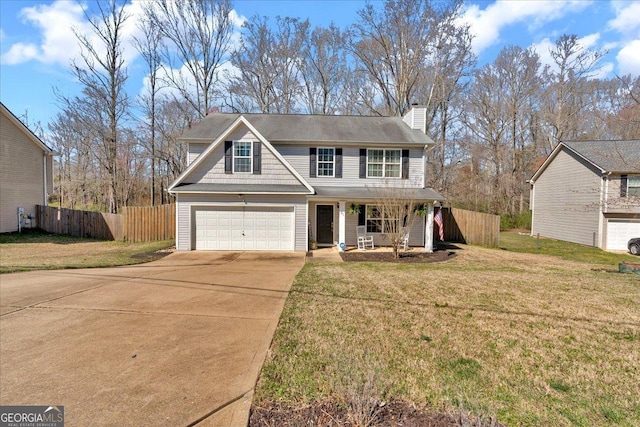 81 Summer Creek Dr, Dallas, GA 30157 - traditional-style house with a front lawn, fence, concrete driveway, covered porch, and a garage