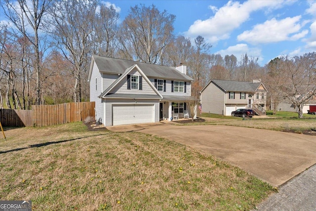 81 Summer Creek Dr, Dallas, GA 30157 - traditional-style house featuring a front lawn, driveway, fence, a garage, and a chimney